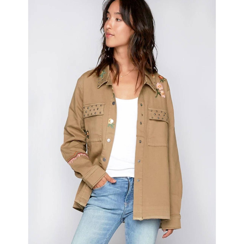 Billy T Throw It On Jacket XL Khaki Floral Embroidered Studded Utility Shacket